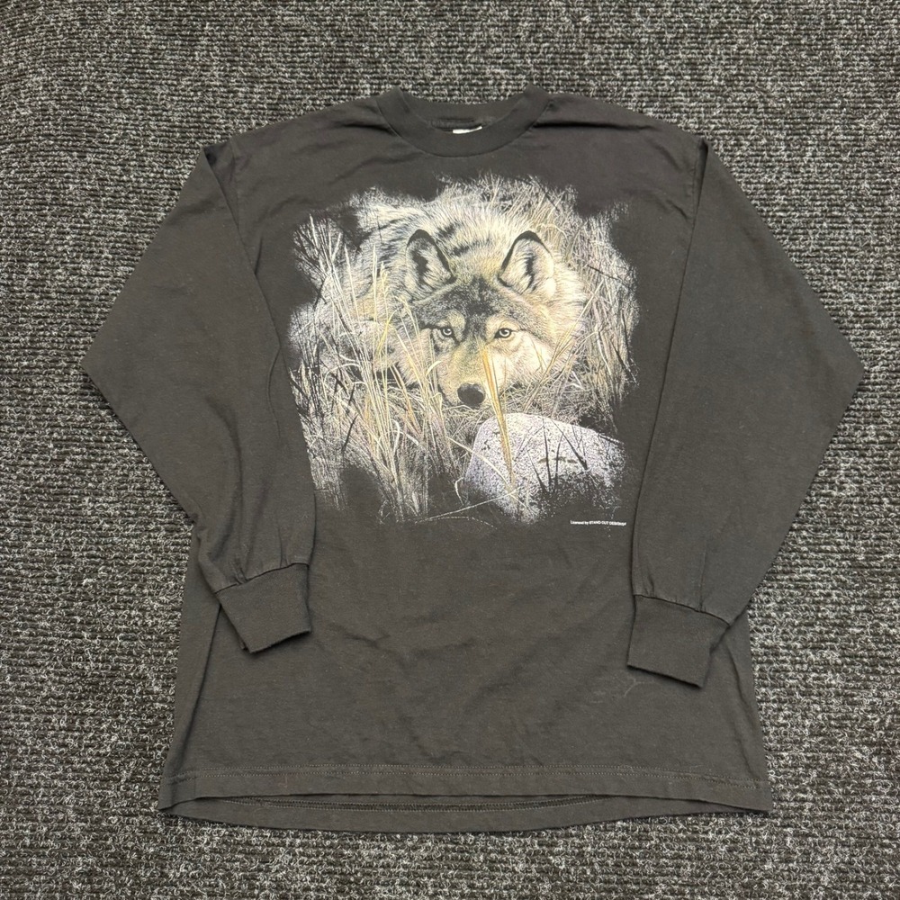 Vintage‎ Alstyle Wolf Graphic Long Sleeve T-Shirt Black Large Nature Stand Out